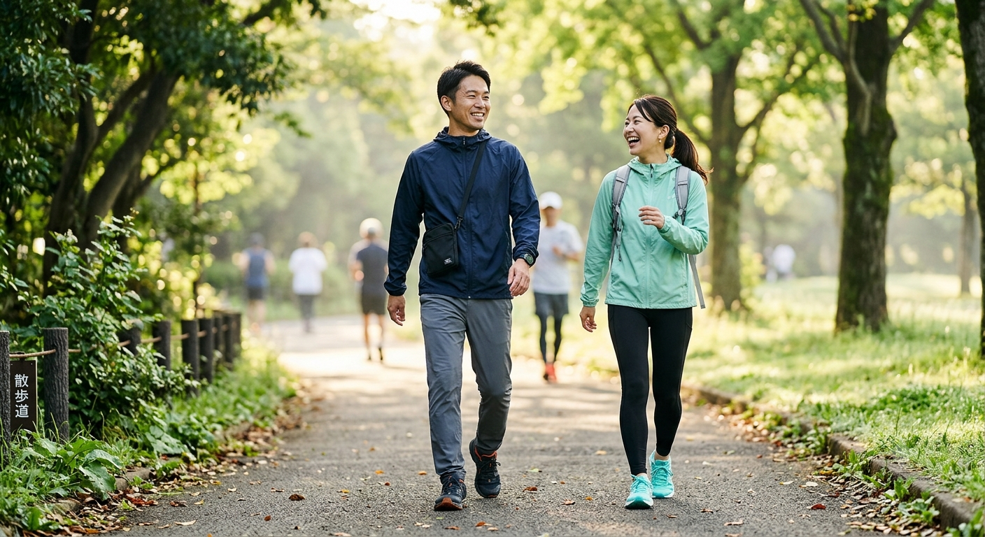 朝の爽やかな光のなか、笑顔でウォーキングを楽しむ40代の男女